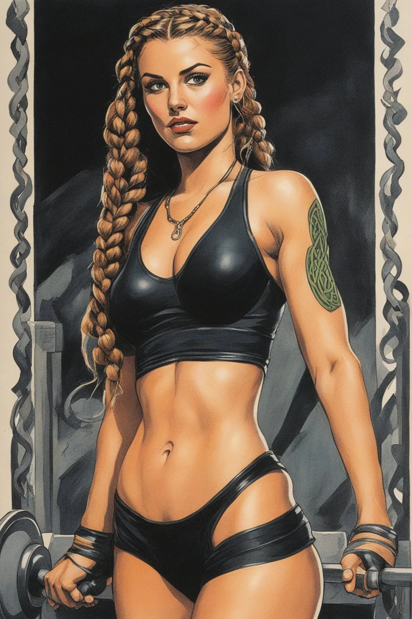 a Celtic girl with braids in a dark tight sport outfit, she does gym, panting [Original and final cover art and five interior illustrations by underground comix artist, Spain Rodriguez, from the German edition of Charles Bukowski’s book, Women, circa 1980’s.]