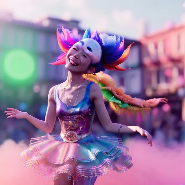 Ultra Realistic photo, medium shot view, drunken sweet dancer Japanese woman, carnival scene, monster hair, steampunk style. Red hair, confeti, smile, happy, festival, ovnis, gradient color fog. highly detailed, concept art, unreal engine 5, ray tracing, RTX, lumen lighting, ultra detail, volumetric lighting, 3d, finely drawn, high definition, high resolution.