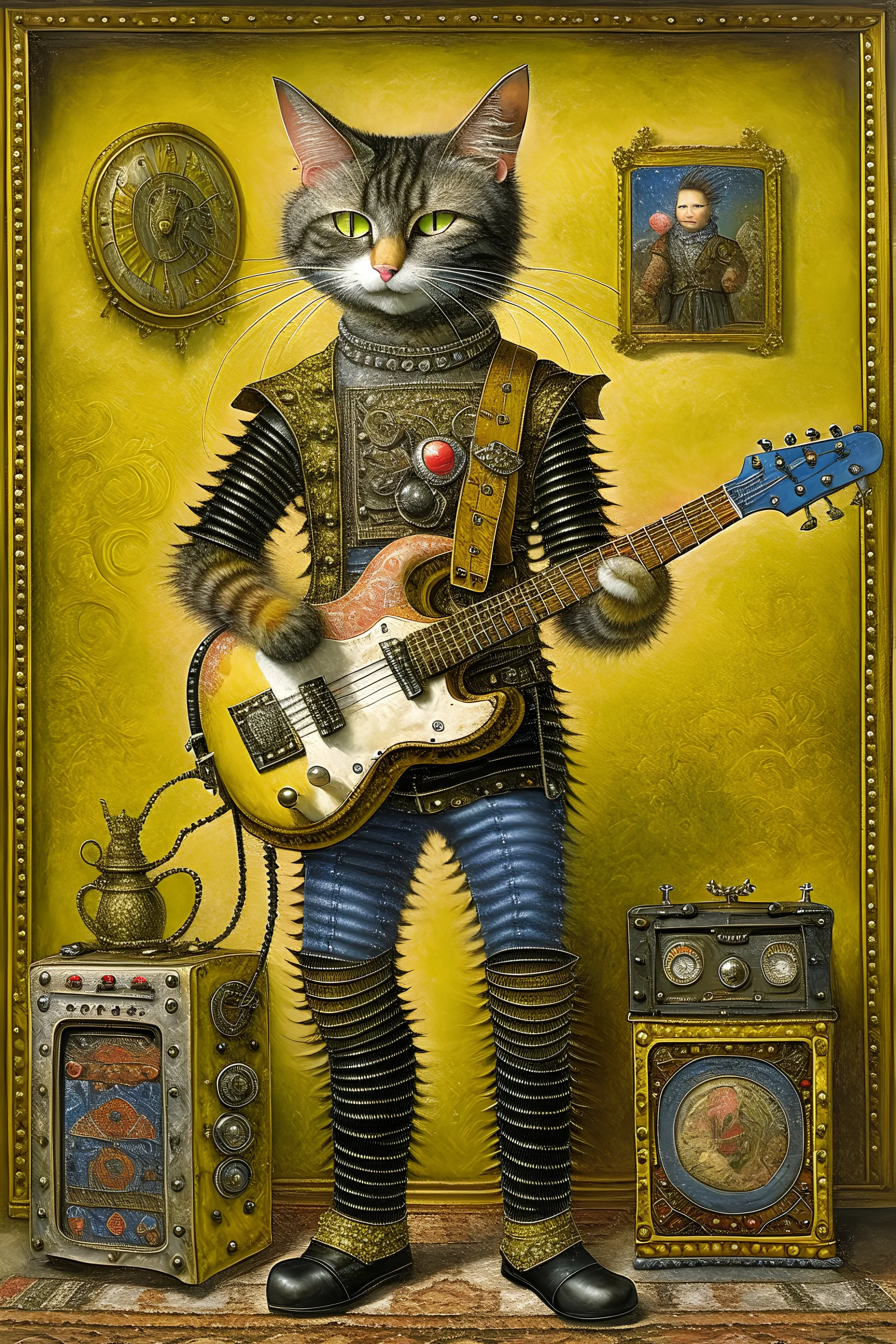 A full length portrait of a rocker-style cat mixed with a rusted robot, carrying a guitar, baroque painting by Walter Popp
