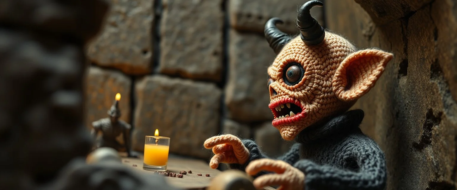 pin hole picture, miniatures on fake scene,master oil painting by Rembrandt, good afternoon disney bitch scary stone age vampire, close up on a stupid knitted doll trying to explain something weird, in the style of HR Giger