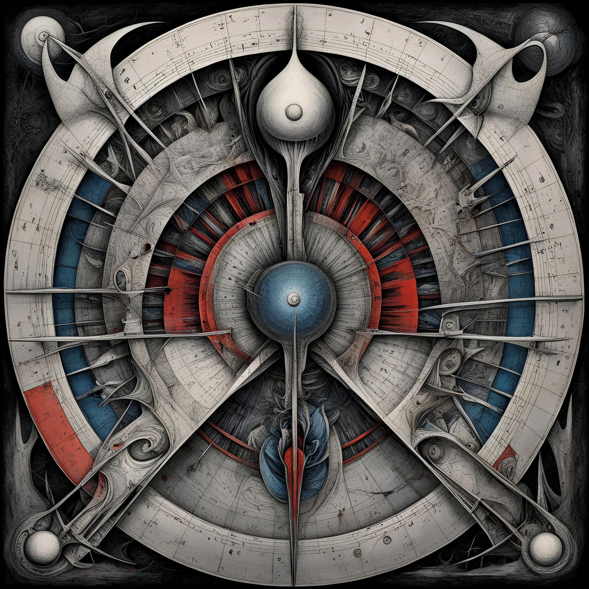 Surreal protractor, lovecraftian, by H.R. Giger, by Yves Tanguy, surrealism, mathematical formula textures, floating ethereal geometrical proofs, sharp focus, sharp contrast, red - blue - white - black color scheme, eldritch, number vertical grisaille art effect, abstract