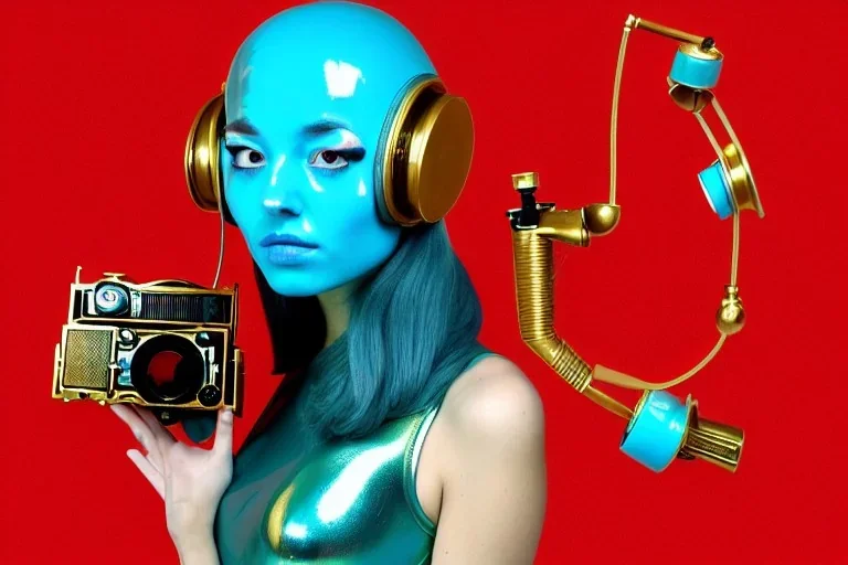 Golden to cyan surfaces body, latex. Tendril-Synthesizer. Partly coverage metallic headphones. Hot Russian military girls, trooping rebels. Old-fashioned cameras integrated to heads. Strange Steam-punk telephones! Dystopia perfect body. Red 4D-tiling. Partly symmetrical in relation to big machines. Perfect golden ratio in all directions. Time-space-corruption. Steam-machines in 5th dimension. 3D-Tessellation. Antennas. Sputnik. Paranoid, oppressive atmosphere. Soviet propaganda. Egyptian nazi.