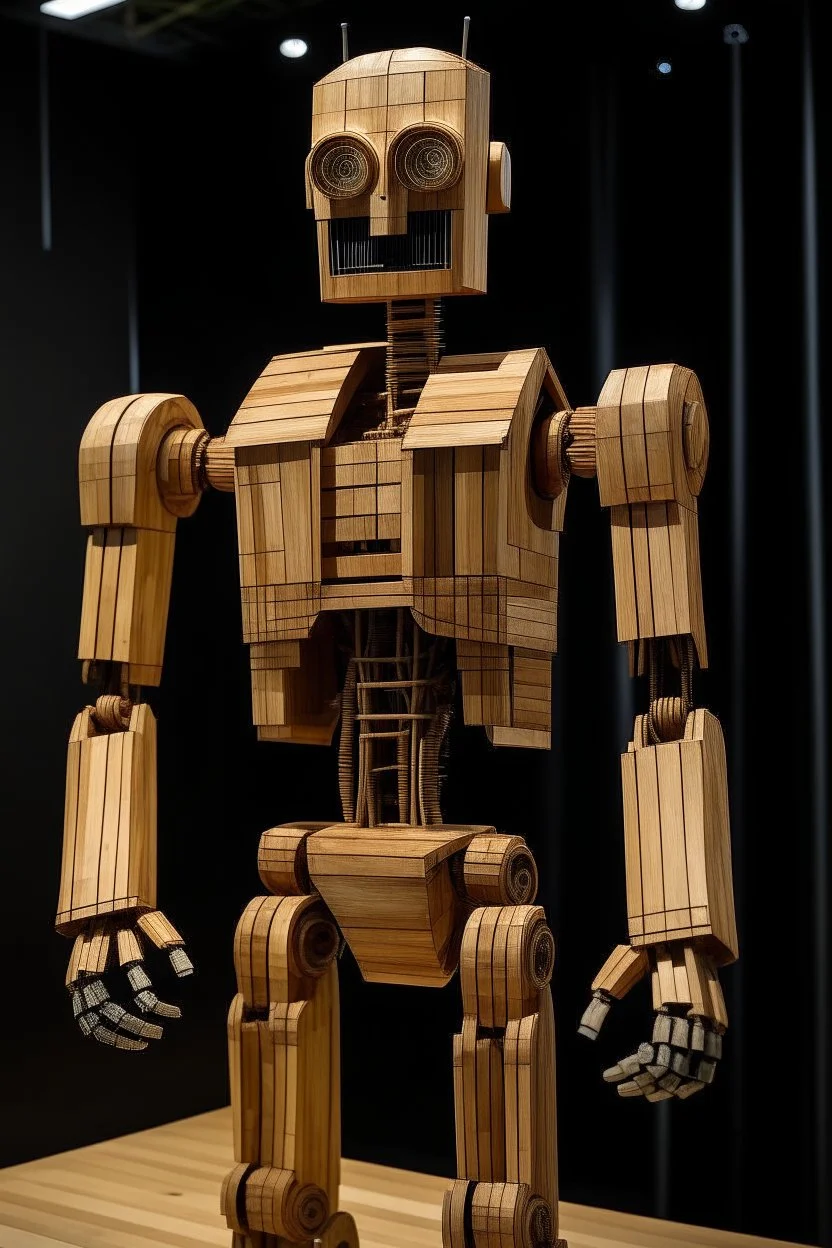 un robot humanoid entièrement construit en bois.