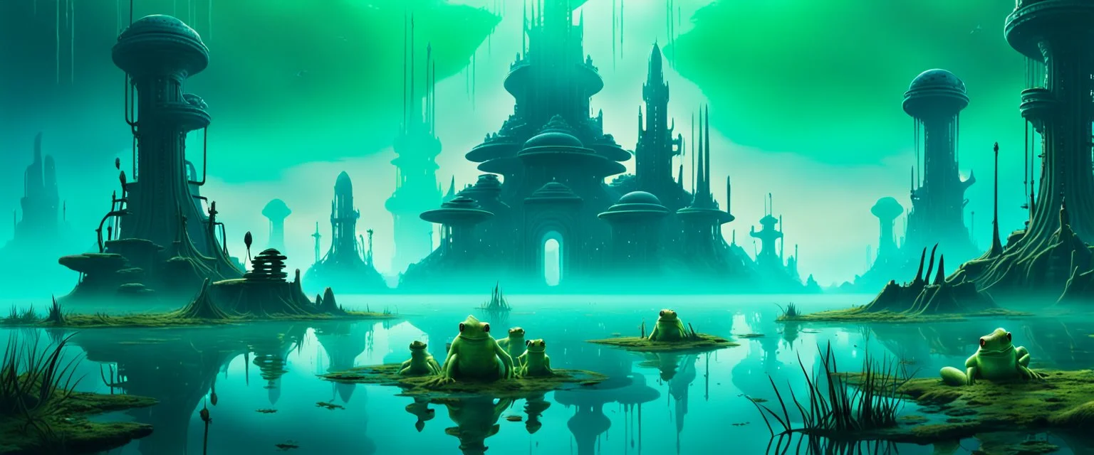 Vast flooded alien city with frog humanoids rising from glowing water, algae-covered ruins, bioluminescent fog, ancient machinery half submerged, wet reflective surfaces, melancholy sci-fi fantasy poster, airbrushed style, deep blue and green tones