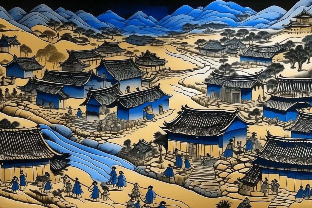 A black village in a shadow realm designed in ancient Egyptian architectures and sculptures painted by Katsushika Hokusai
