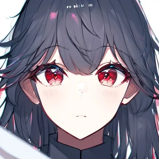 Clear focus, High resolution, long black fluffy hair, red eyes, chopped bangs, wearing a sailor uniform, wearing a sailor skirt, colorful, hollywood, female, no outlines, extreme close up, rough line sketch