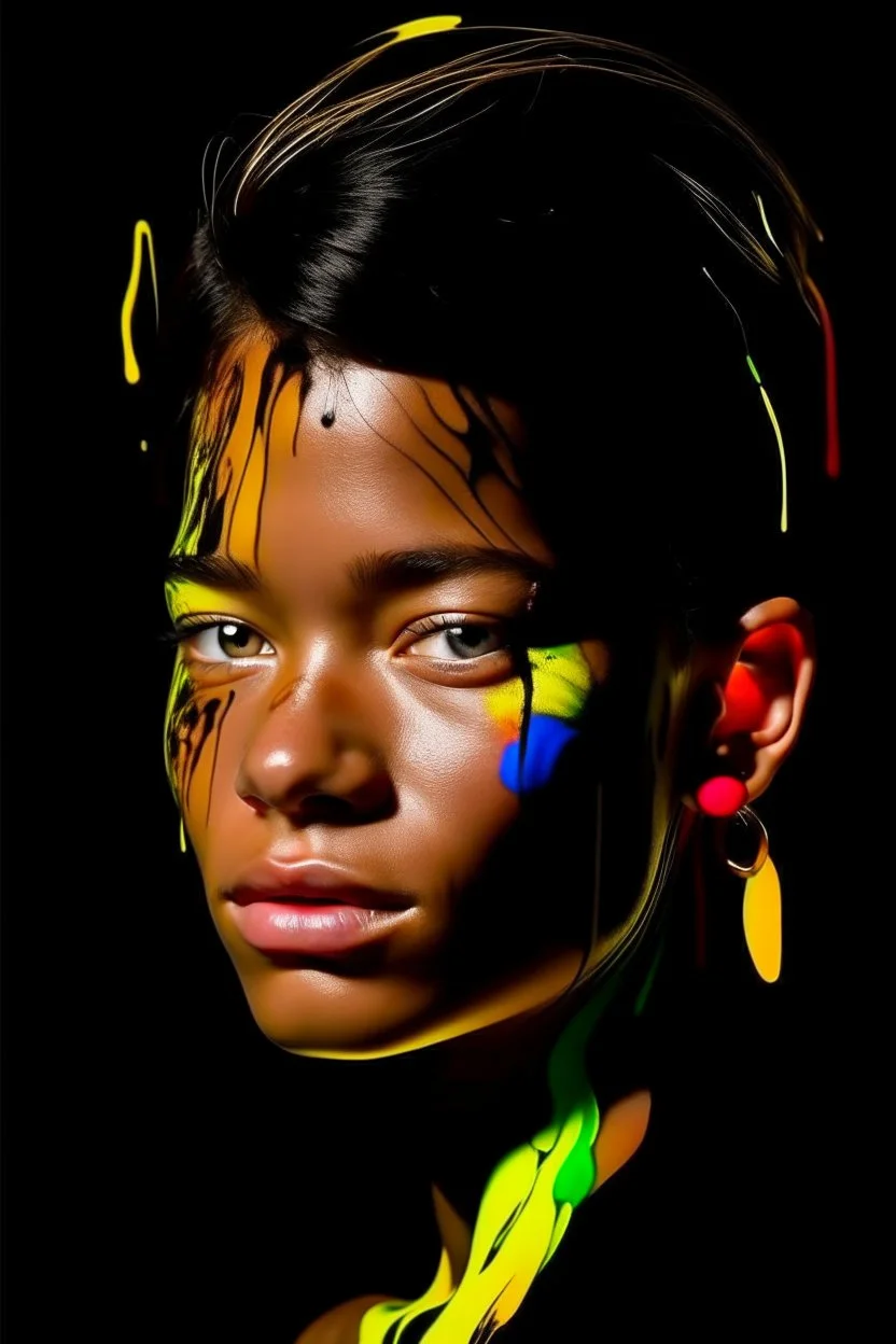 in abstract art Basquiat, Picasso, colorful acrylic colors representing, with expressive character--ar 16:9 --no text letter font. –c 40, Buffet and Picasso style, black background