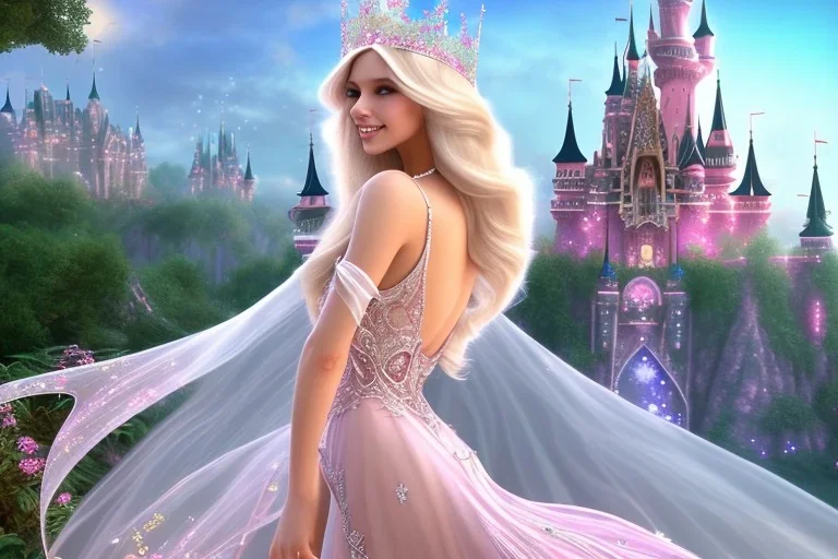 castle in background, beautiful, soft, big smiling, straight and long blonde hair, dewy and shiny atmosphere, diamond crown, long fairy wings in the back, full head, pink veil clothes