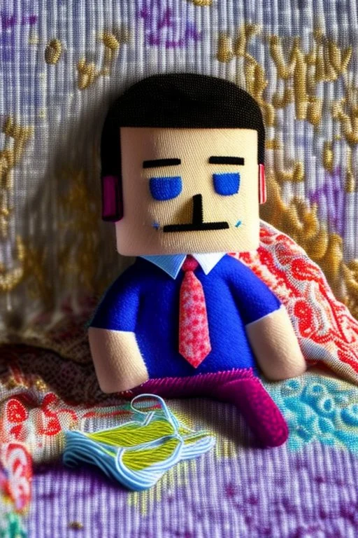 Hand sewn and embroidered extremely cute Jon Hamm, threads, sewing needles on a table on lace blanket in a luxury bedroom, centre, bold colours elegant fantasy 8k beautiful dynamic lighting award winning imperial colors hyperrealistic ultra detailed 4K 3D high definition crisp quality colourful hdr in sunshine