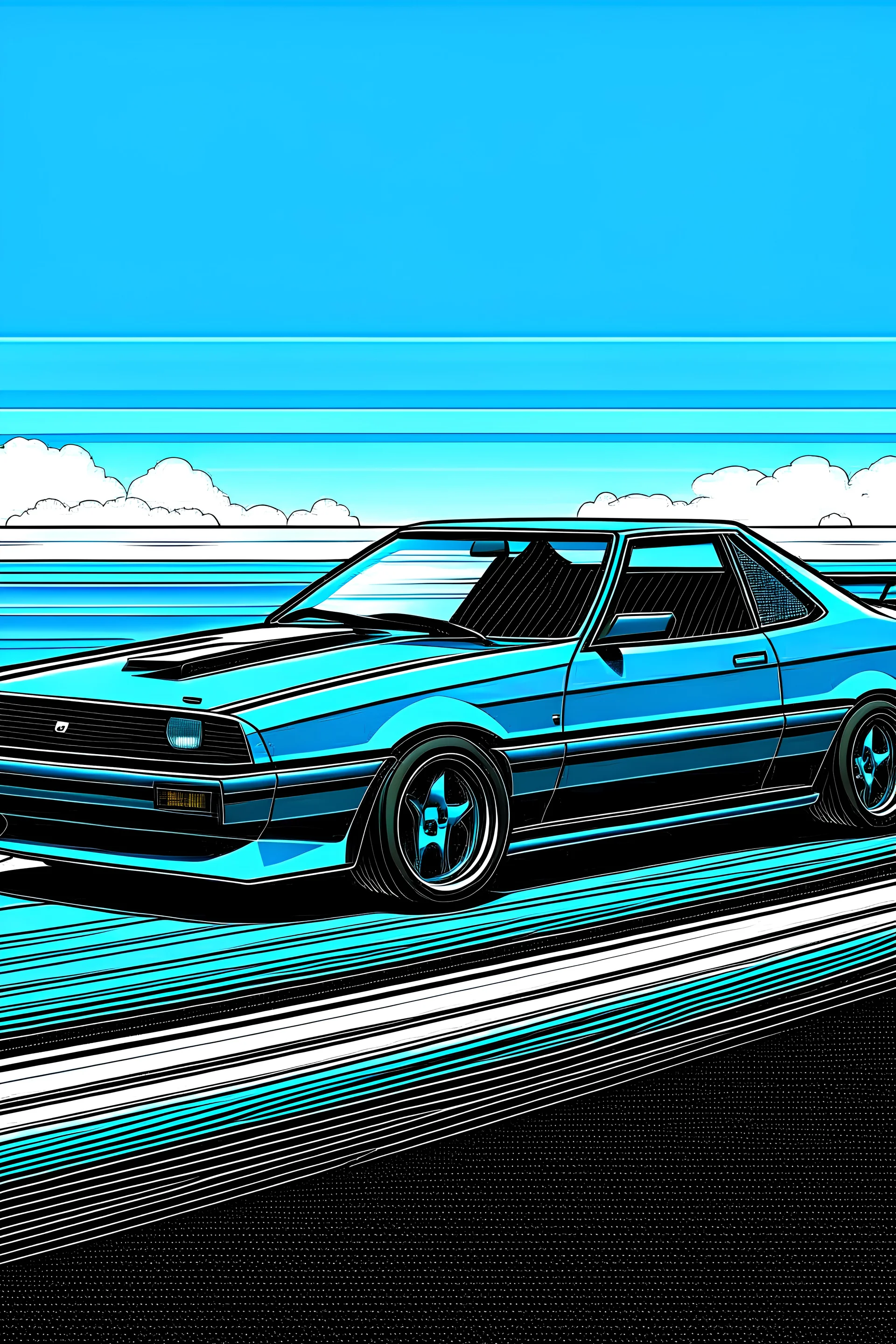 Create an illustration of a sleek blue sports car from the 1980s, driving along a coastal highway with the ocean in the background. The car should have the distinctive boxy yet streamlined shape of 80s sports cars, with a large rear spoiler, rectangular headlights, and prominent wheel arches.