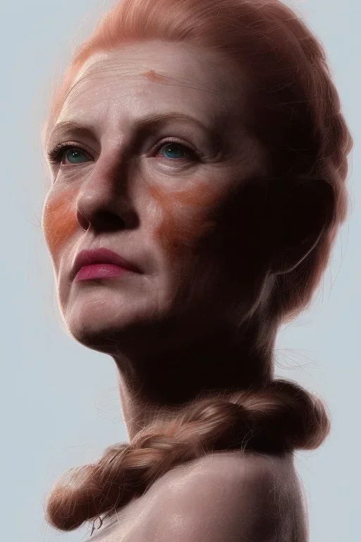 Woman 60 anni, cute, beautiful, orange hair, two braids, wild bangs, blue eyes, big eyes, freckles, long eyelashes, pink lipstick, thin lips, small nose, Gillian from Practical Magic, 8k resolution concept art portrait by Greg Rutkowski