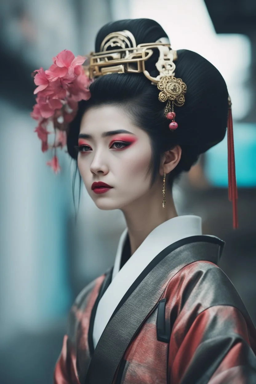 ((Lost suit)),((lost clothes)),Ultra realistic photo beautiful cyberpunk geisha woman , futuristic style, HOF, captured with professional DSLR camera, 64k, ultra detailed,