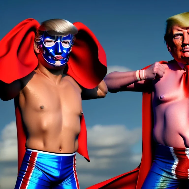 realistic image of donald trump as a mexican wrestling fighter posing outdoors, Mexican eyes wrestling mask, red and blue breeches, confederate flag cape, retro style, 80s, vibrant color, highly detailed, sky background, concept art, unreal engine 5, god rays, ray tracing, RTX, lumen lighting, ultra detail, volumetric lighting, 3d, finely drawn, high definition, high resolution.