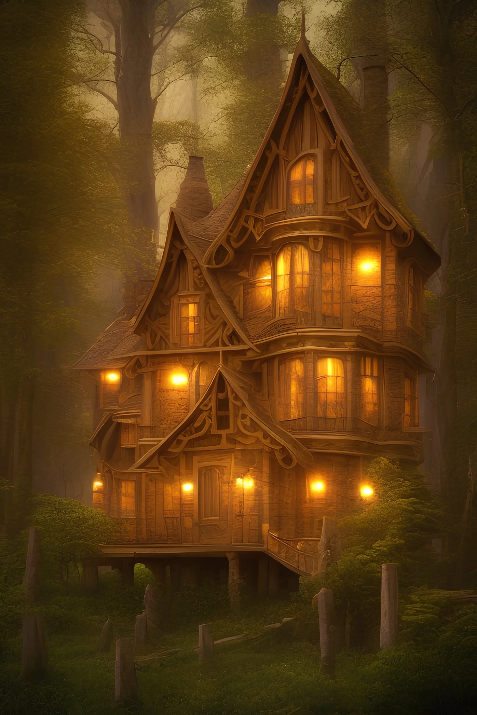 A magical and inviting house made of wood in a golden honey hue