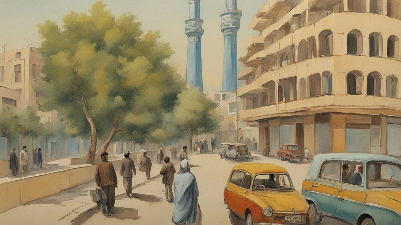 a modern street in Tehran with a tower. painting