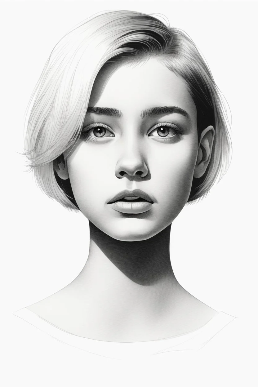 A realistic drawing in negative space black ink on white background of a beautiful front view of a young girl with clear white face, all picture is bright white. With very short French style cut hair