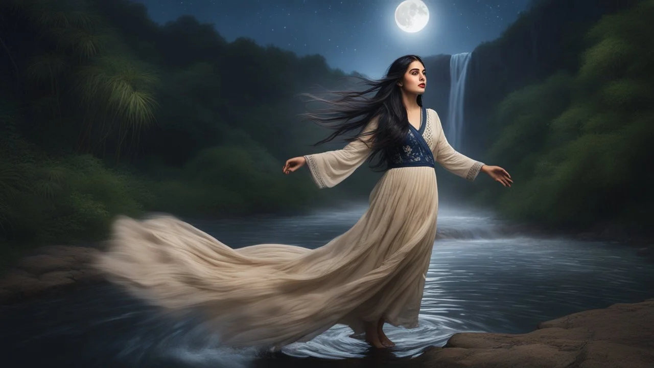 Hyper Realistic Photographic View Of A Beautiful Young Pashto Woman With Beautiful Long Black Hair Whirling, Wearing Beautiful Beige Dress With Navy-Blue Embroidery And White Dupatta Happily Standing On River Water, In A Jungle Riverside With Beautiful Waterfall From Mountain With Full Moon Night With Long Grass Whirling From Cold Breeze And A Shooting Star Along With Fireflies Around Her Showing Dramatic And Cinematic Ambiance.