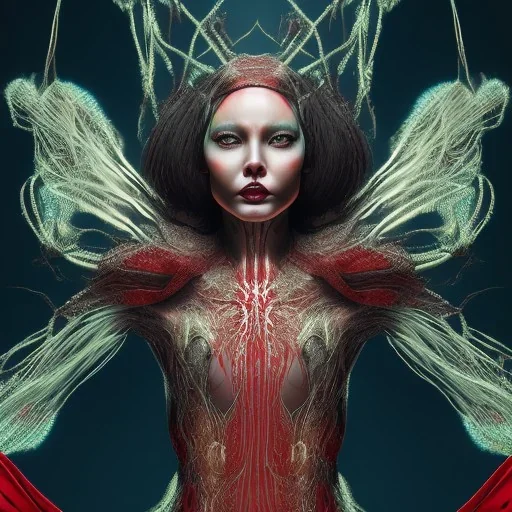 This spider woman is a fearsome sight to behold, with the body of a human woman and the head and legs of a spider. She is draped in a flowing red cloak, with a hood that covers her spider head. Her skin is covered in shimmering black scales, and her eyes glow a bright, otherworldly green. She is fast and agile, able to climb walls and ceilings with ease. She has venomous fangs and sharp claws, and she can spin webs of magical energy to ensnare her enemies. She is intelligent and cunning, and she