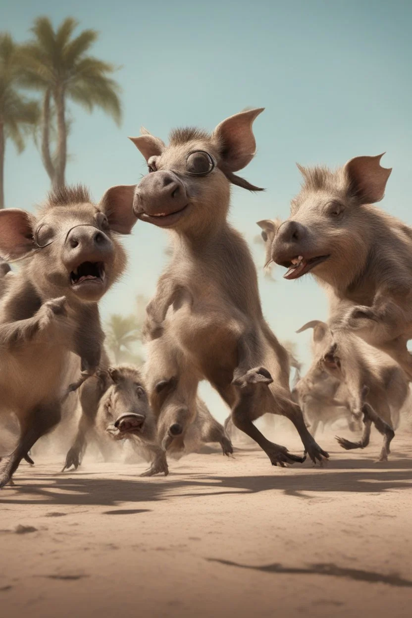 Close-up animation of a mischievous group of wild warthogs wearing sunglasses and attempting to breakdance in a comical fashion.