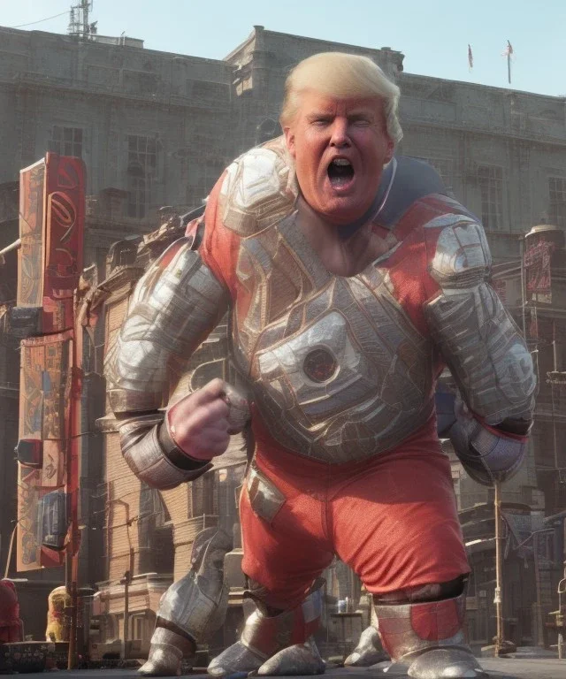 Realistic image, Donald trump wrestler, wrestling, lights cam, retro style, 80s, hot ambient, photo studio, red, soft color, gradient, highly detailed, art stations, concept art, smooth, unreal engine 5, god rays, ray tracing, RTX, lumen lighting, ultra detail, volumetric lighting, 3d, finely drawn, high definition, high resolution.