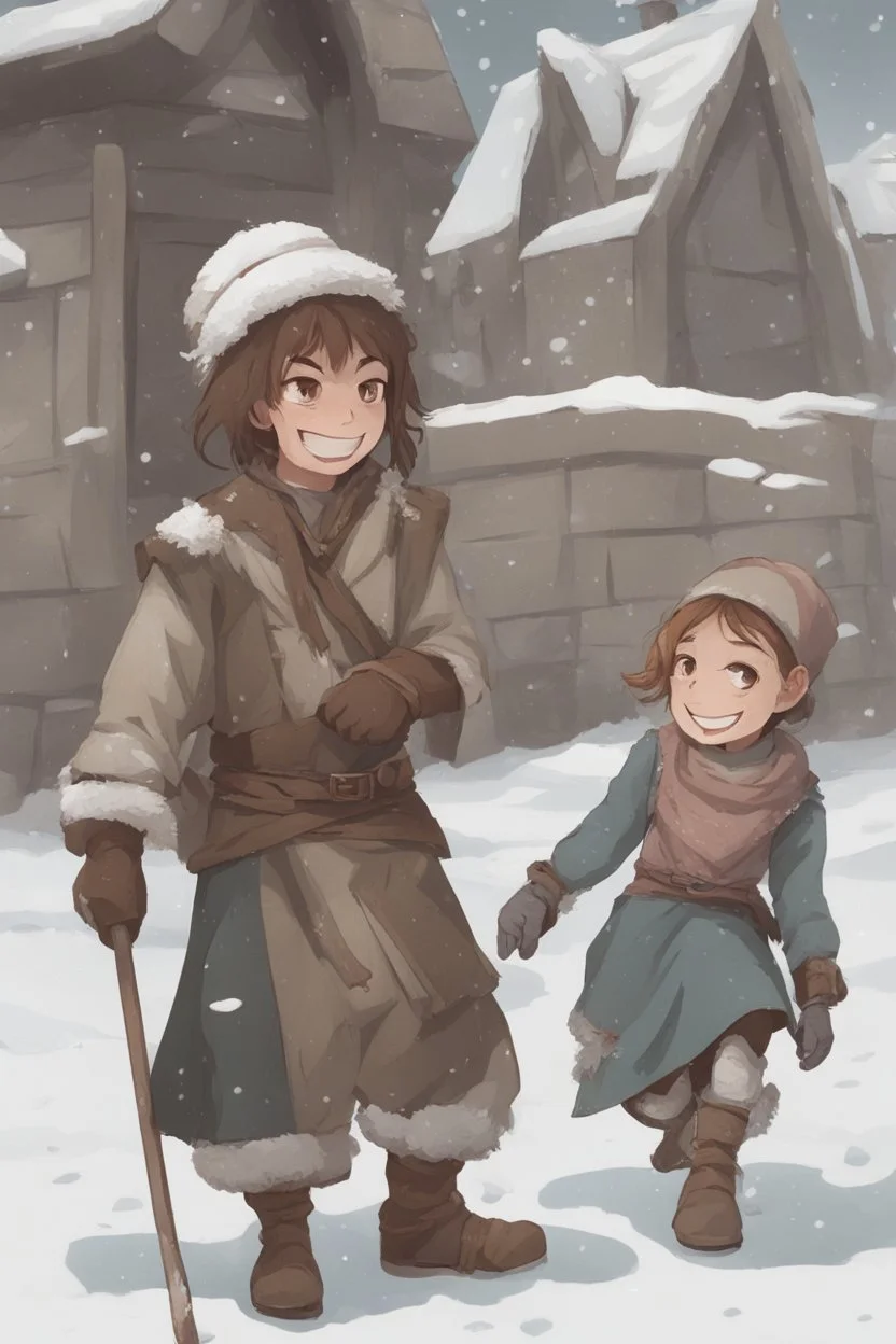 DnD style, two medieval peasant kids playing in the snow male and female, age 14 and 15, happy and playful