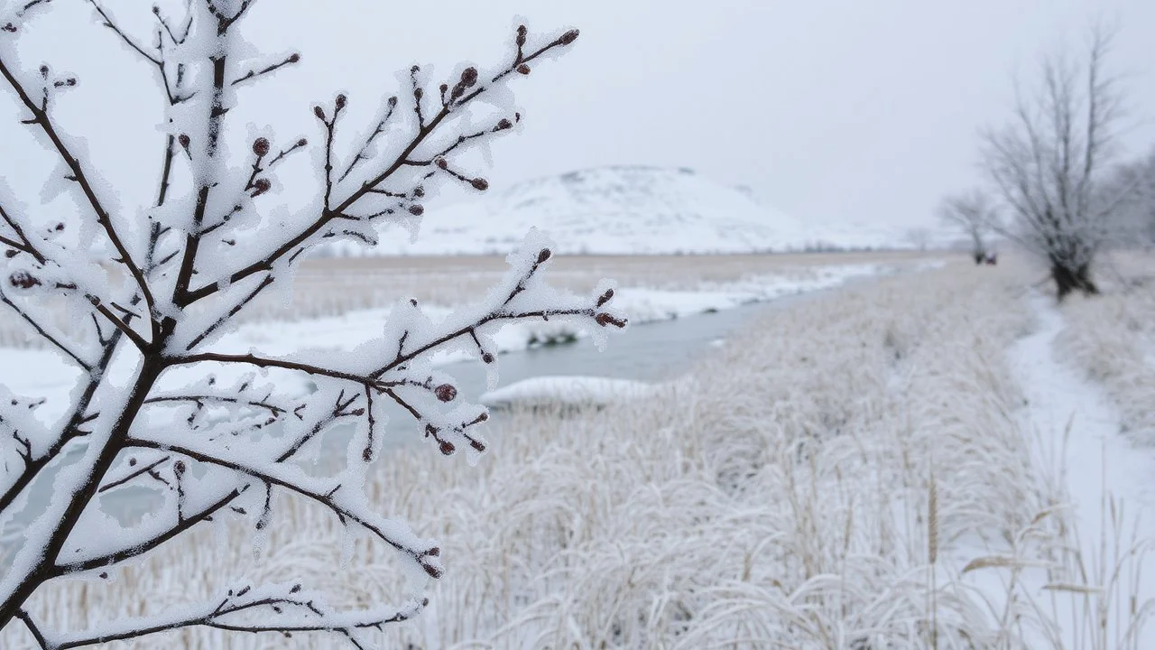 Frozen hawthorn, grey north, white hill. Winter envelops the reeds, the rivers. Everything is still.