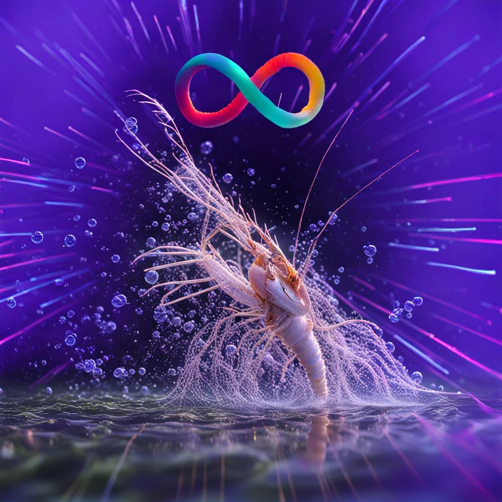 infinity symbol ∞ with vibrant powerful single prawn coming out of the water, striking, neon, chiaroscuro, dramatic, captivating, powerful, fantasy, beautiful, octane render, 16k post-production, artstation: award-winning: atmospheric: commanding: fantastical: clarity: ultra quality: striking: brilliance: stunning colors: amazing depth; lens: f/11, 35mm