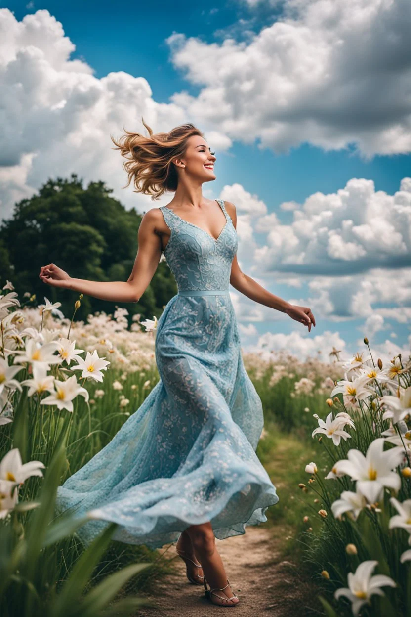 The camera zooms in, focusing sharply on very beautiful German girl with make up Lily wearing pretty dress as she dances gracefully in the same romantic environment with flowers and sky with nice clouds. Her joy and youth are presented against the backdrop of the surreal surroundings.