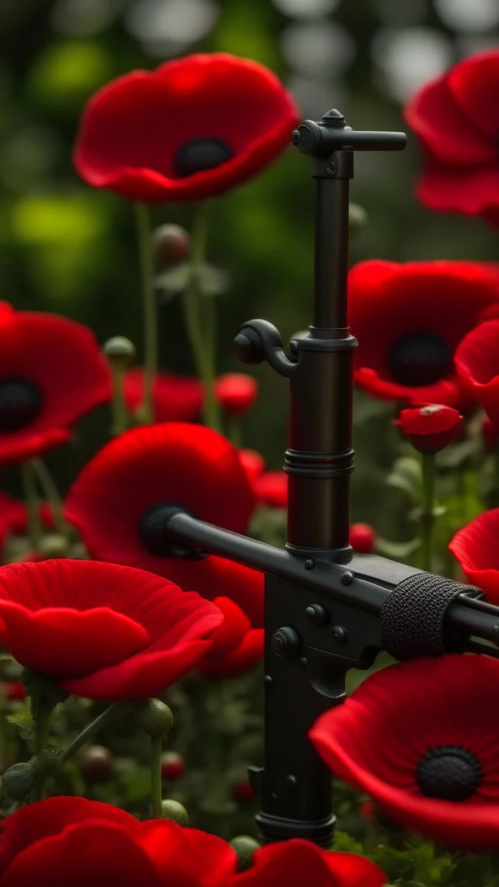 black gun with red kiss on it in a garden full of red poppies. cinematic