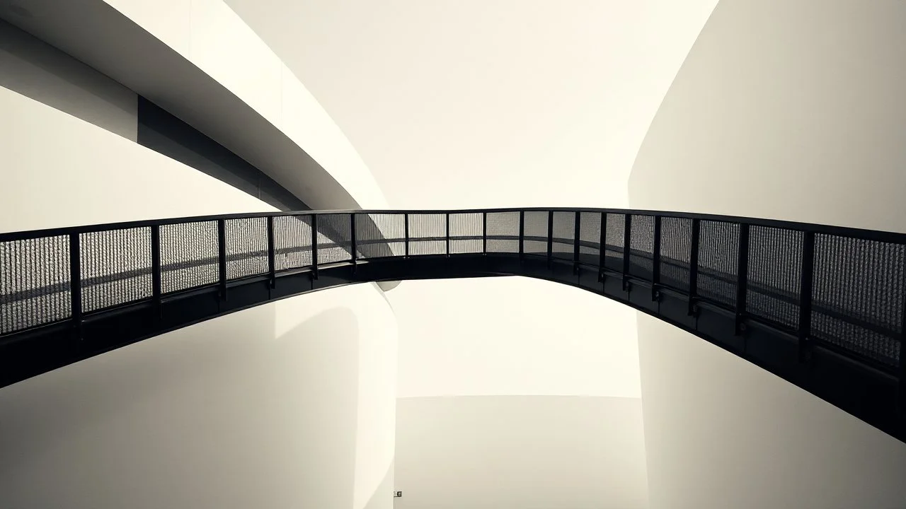 Elevated walkway of dark steel winding between white volumes, long shadows creating rhythm and a pale, nearly desaturated sky, analog architectural photography style.