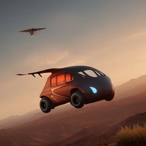 Flying car in sundown