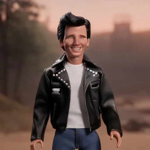 Wide view Young Fonz with black hair greaser figure doll 1977 (thumbs-up) (face) head grin, fonzarelli, ((arnold's drive-in)) fonzie