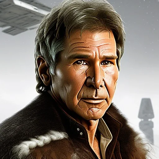 8K space background with stunning photo realistic detailed head to waist portrait of harrison ford as han solo in star wars with photo realistic short hair by Sergi Cadenas, Sharp focus, brown eyes, weathered skin,space jacket from star wars, cinematic lightning