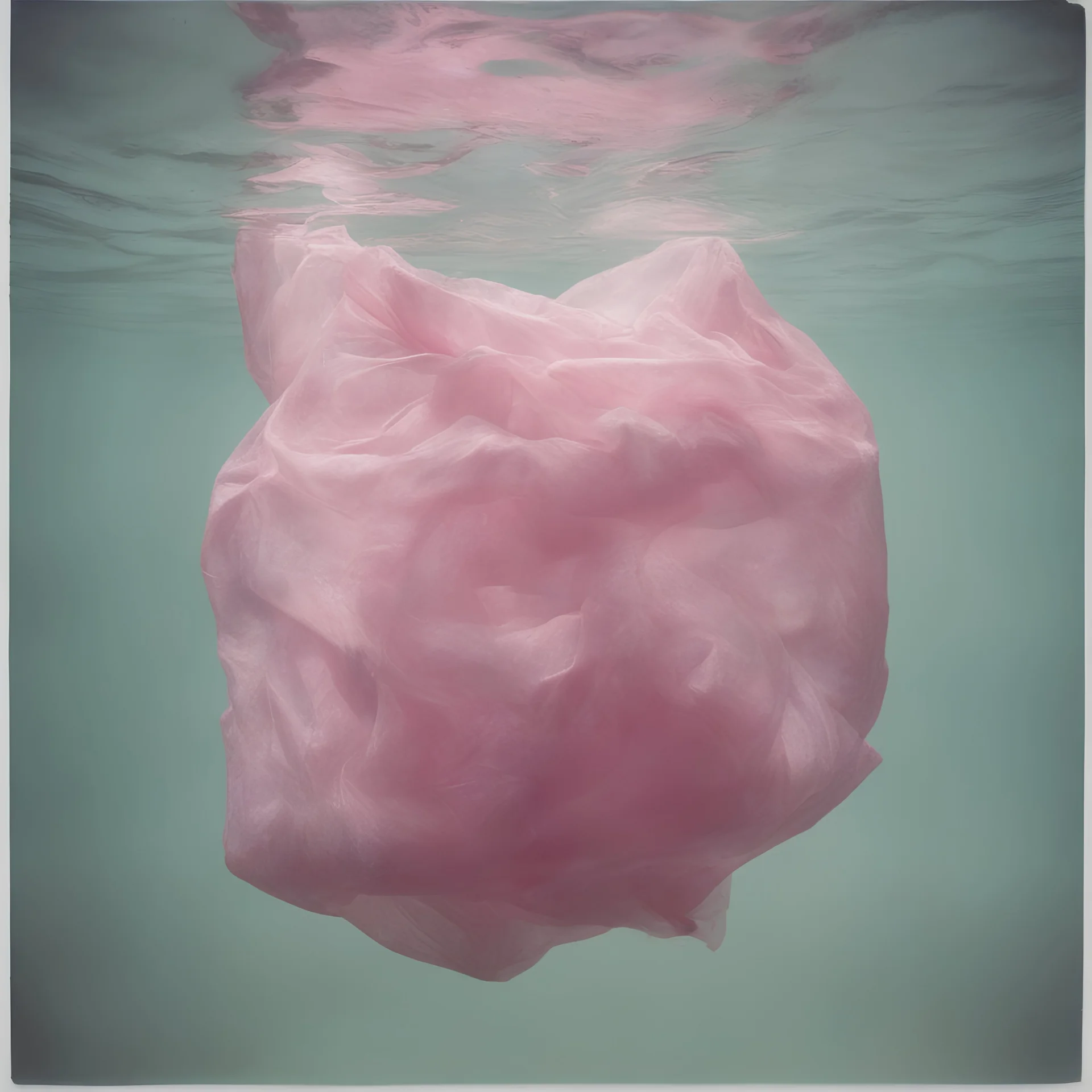 Pink plastic bag underwater in the 1970s, analog photography with white, damaged