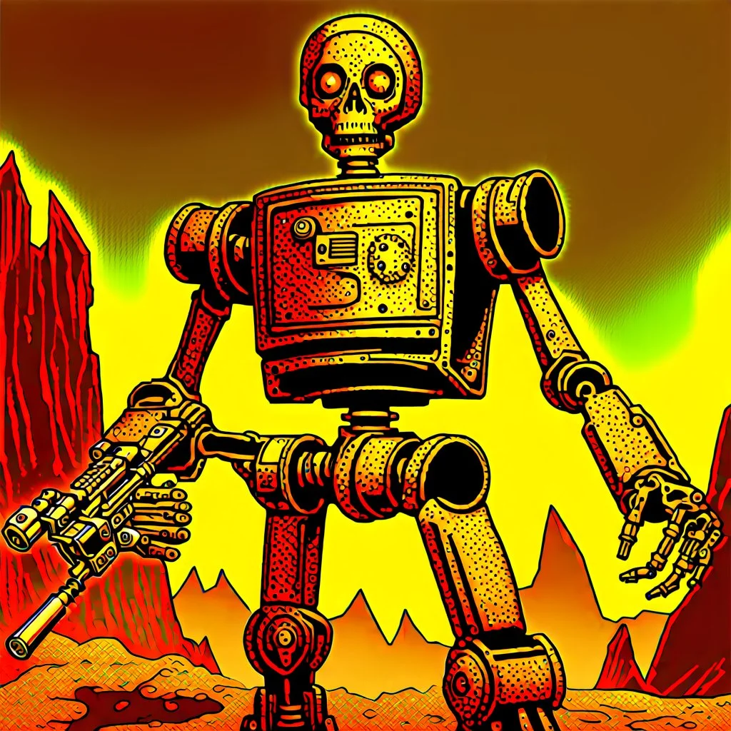 90's TCG art retro fantasy art of rusted skeleton robot with laser gun