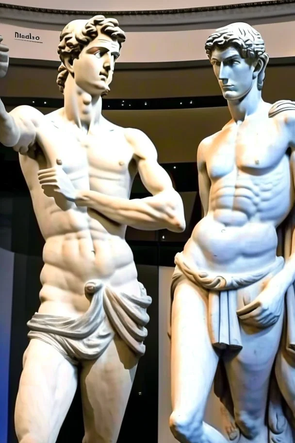 in a modern art display, two famous statues are next to each other, one is David and the other is the Discobulus statue. The discobulus hand covers the private part of David, they both look disgusted at each other