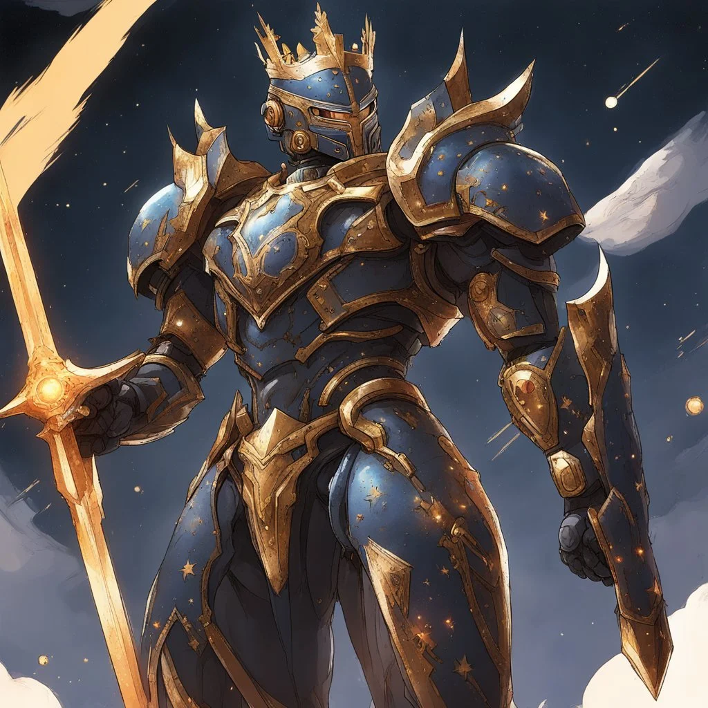 A battle suit made of galaxies and stars with a glove that has seven endless stones Battle armor from the extract of galaxies Battle armor from the extract of galaxies with a fiery sword ,God-like man with infinite power who owns the galaxies and wears a beautiful crown