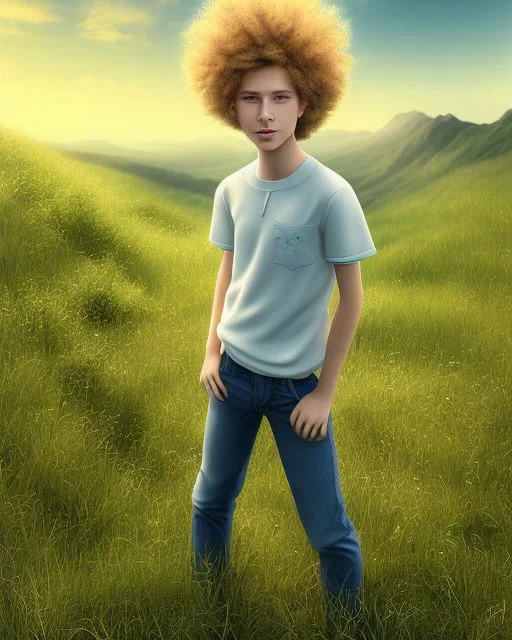 full length photograph of a beautiful 12 year old boy with long, blonde curly hair and light blue eyes, smiling, standing on a green hill in summer, highly detailed, smooth, photorealistic, digital art, HDR