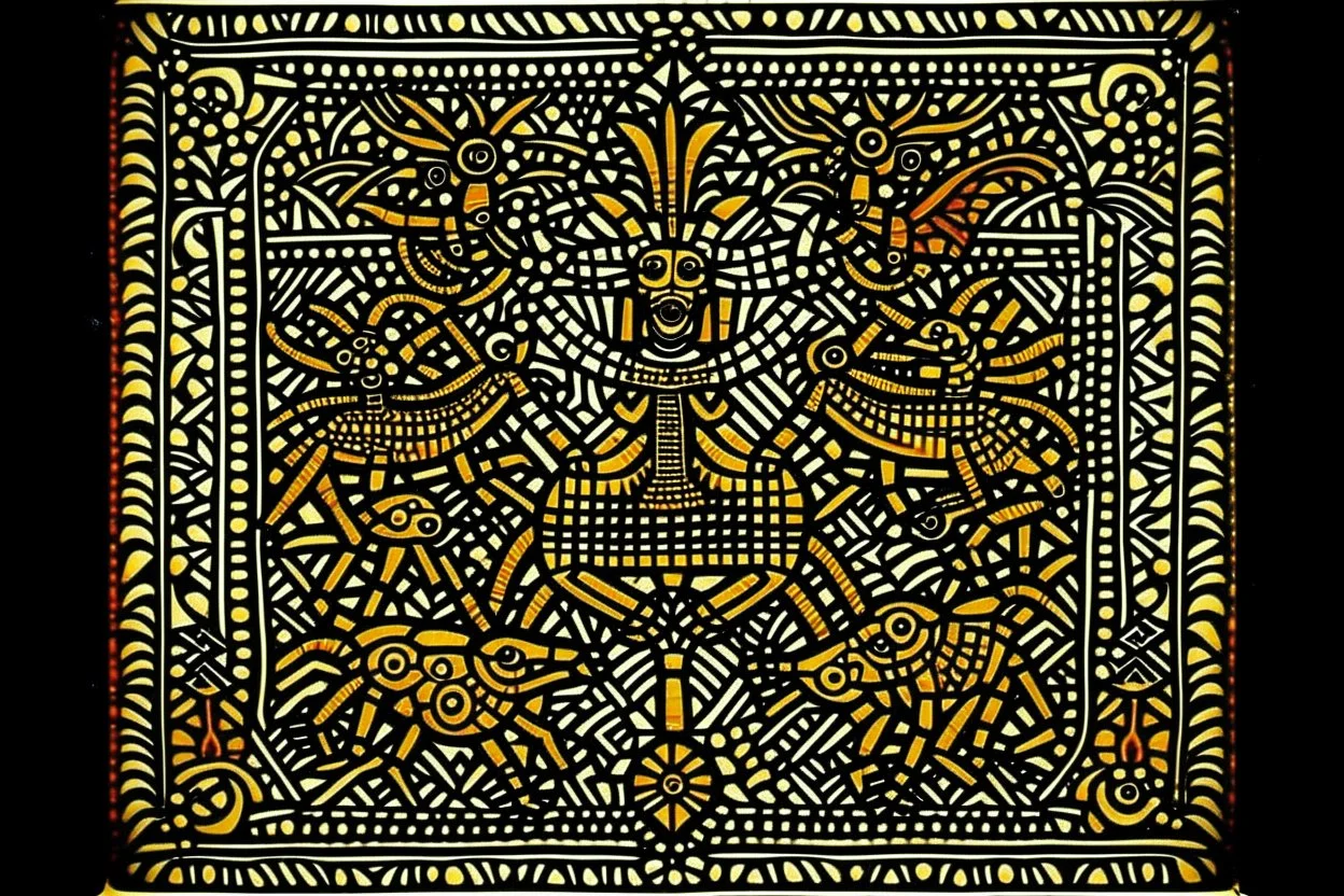 A brownish bronze Egyptian kingdom with crabs designed in medieval tapestry painted by Keith Haring