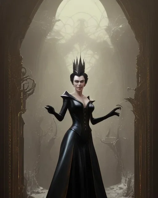 old evil queen in black leather gown, femme fatale, volouptous, busty, cleavage, angry, emperious, 8k resolution concept art portrait by Greg Rutkowski,