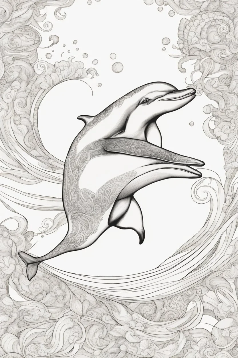 Portrait of a playful dolphin in the ocean, leaping and full of joy, coloring page for adults, contour, vector, clean line art, white background, detailed, black and white, in the style of kalamkari design