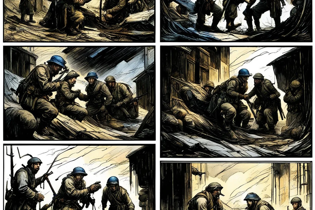 Masterpiece1:5)(Fineart), (award-winning:1.5), highest quality, war journalism, ink and colored pencil sketch of photocollage (by Gustave Doré, Jan Saudek:1.5),(Eastern Ukraine:(panel one:the moment after a battle ends, horrors of war, wounded men),(2nd panel, cinematic shot of men sitting in trench with 1000 yard stare (focus on their eyes:1.5)),(the third panel shows troops tired but hyper alert), (the fourth panel shows the sky is filled with incessant, fire and smoke everywhere,)