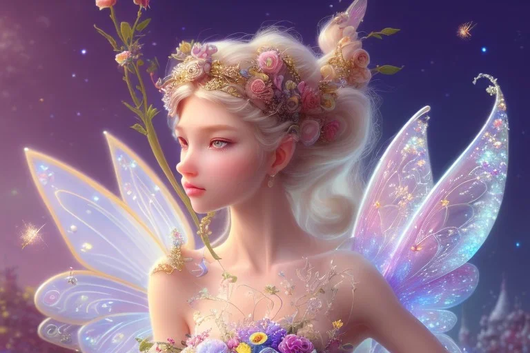 one very little beautiful fairy on a big crystal subtle flower in a galactic ambiance, transparent petals, delicate colors, in the foreground, full of details, smooth, bright sunshine，soft light atmosphere, light effect，vaporwave colorful, concept art, smooth, extremely sharp detail, finely tuned detail, ultra high definition, 8 k, unreal engine 5, ultra sharp focus