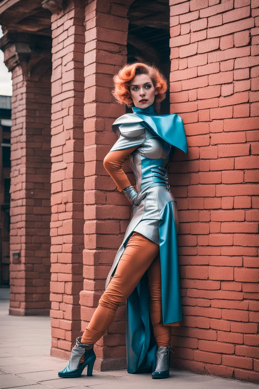 woman in retro futurism costuming standing and leaning against a brick pillar