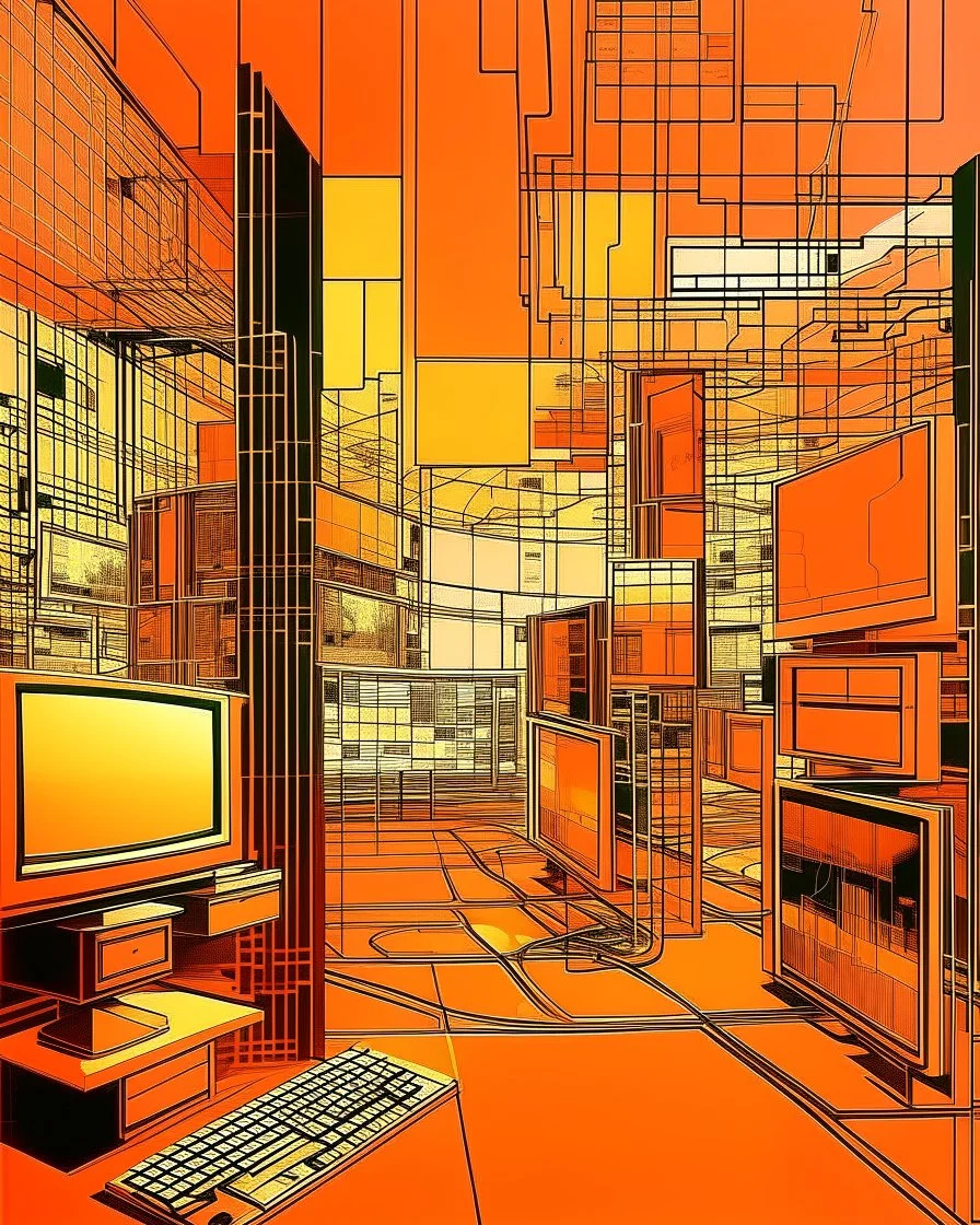 A light rosy orange colored digital metropolis with computer screens painted by Andy Warhol