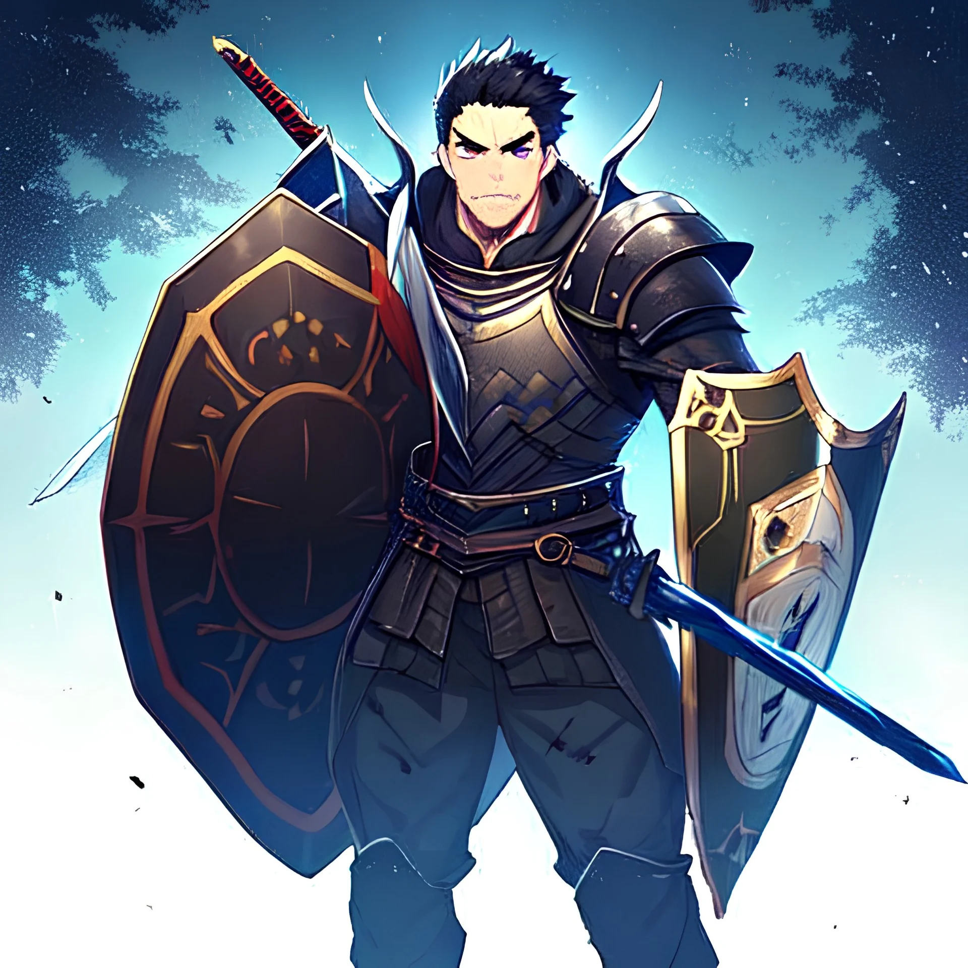 Tall young male with muscles and short black spiky hair wearing all black leather armor holding a sword and shield. his face looks serious and angry