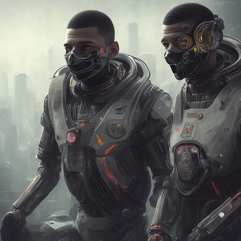 lionel messi perfect face and kylian mbappe perfect face and portrait post-apocalypse perfect cyborgs in a cyberpunk city, sci-fi fantasy style, 8k,dark