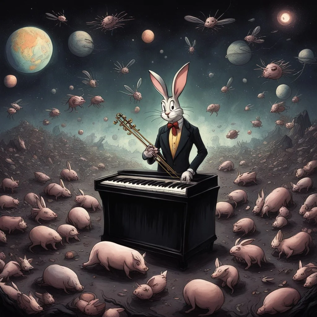 dark colours bugs bunny being a composer piano violin and is surrounded by swarm pig pig swinewasp swine pigpen pigsty on an diffrent planet cosmos lovecraft