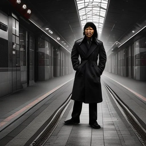 A middle aged Asian man with long hair and a black trench coat waiting for a woman at a train station in London