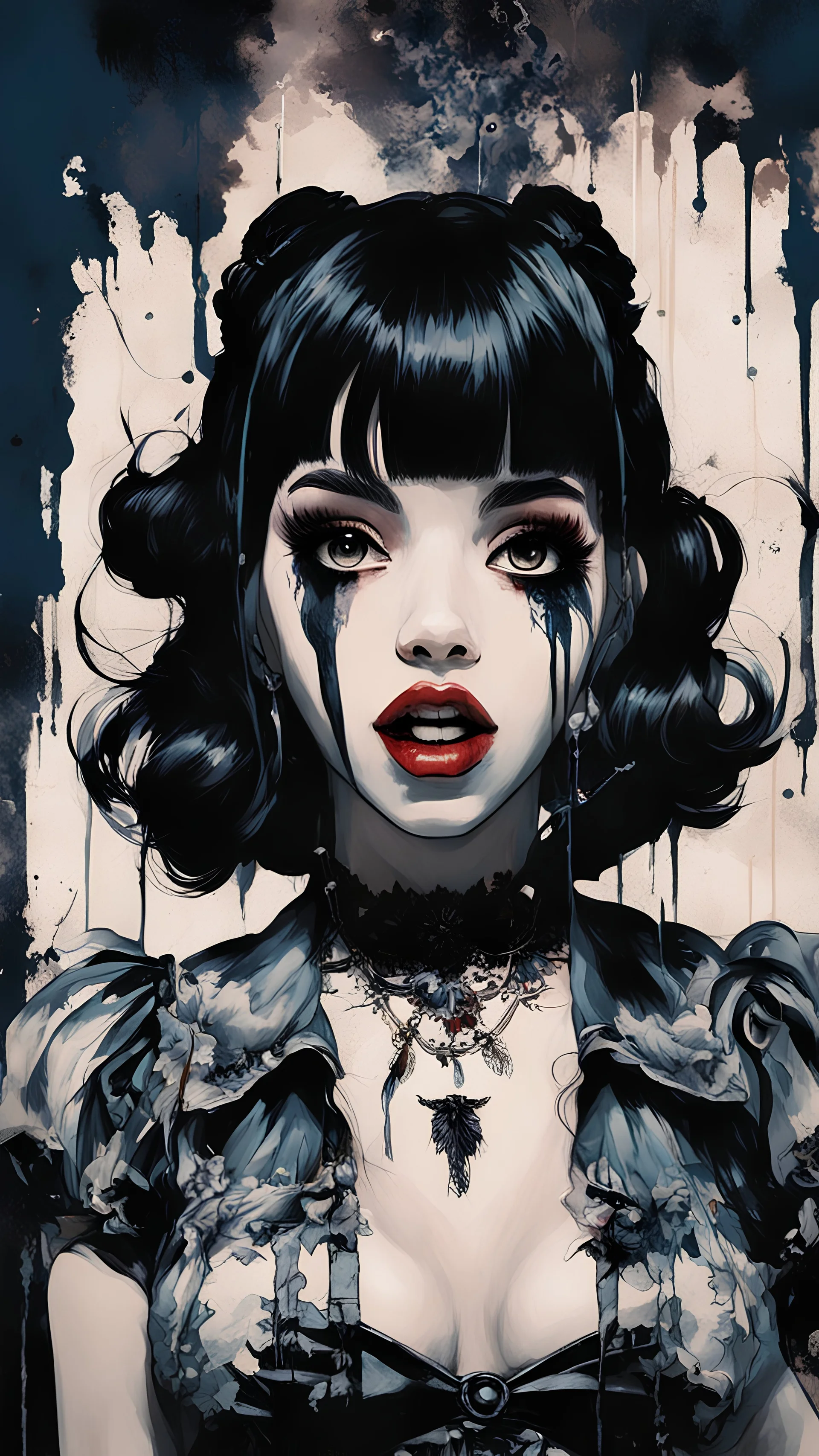 Poster in two gradually, a one side malevolent goth vampire girl face and other side the Singer Melanie Martinez face, full body, painting by Yoji Shinkawa, darkblue and sepia tones,